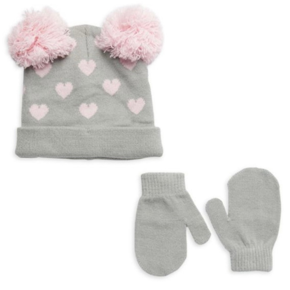 Capelli of New York Pom-Pom Heart Print Hat & Mittens Size 0-6M New With Tag